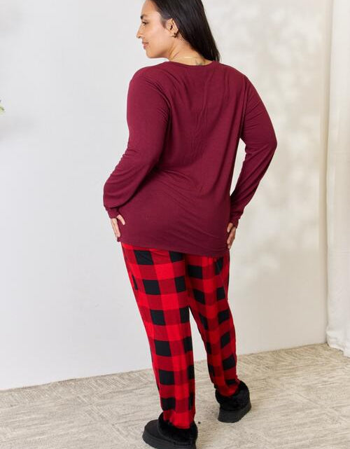 Load image into Gallery viewer, Zenana Full Size Plaid Round Neck Top and Pants Pajama Set
