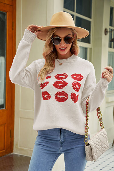 Contrast Lip Pattern Round Neck Slit Sweater