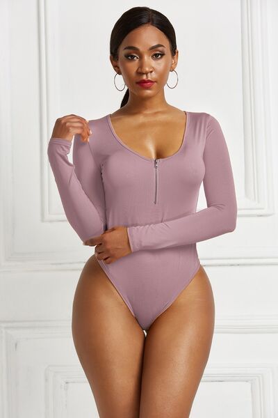 Load image into Gallery viewer, Half Zip Scoop Neck Long Sleeve Bodysuit
