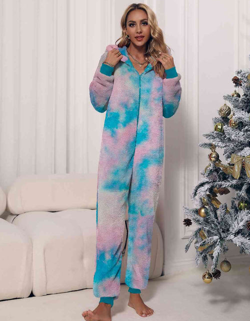 Load image into Gallery viewer, Zip Front Long Sleeve Hooded Teddy Lounge Jumpsuit
