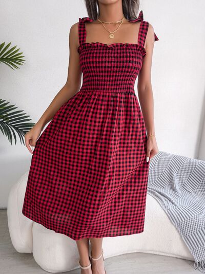 Load image into Gallery viewer, Frill Plaid Square Neck Midi Dress
