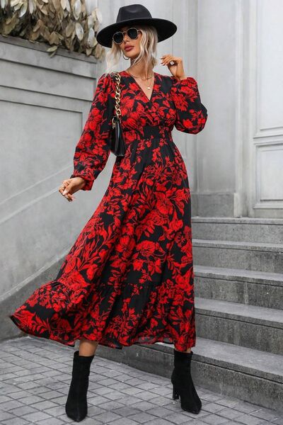 Load image into Gallery viewer, Printed Surplice Balloon Sleeve Midi Dress
