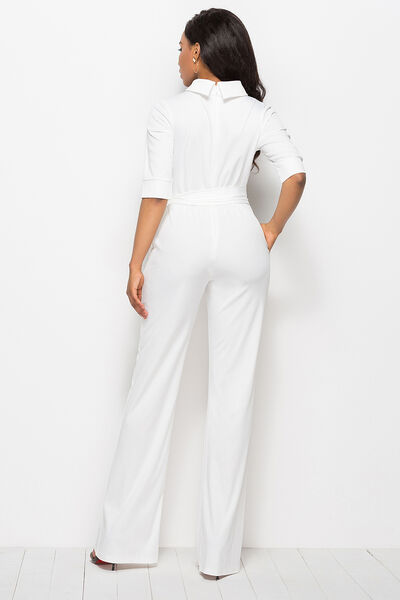 Load image into Gallery viewer, Mock Neck Tie-Waist Half Sleeve Jumpsuit
