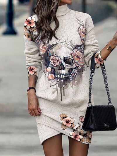 Load image into Gallery viewer, Printed Turtleneck Long Sleeve Mini Dress
