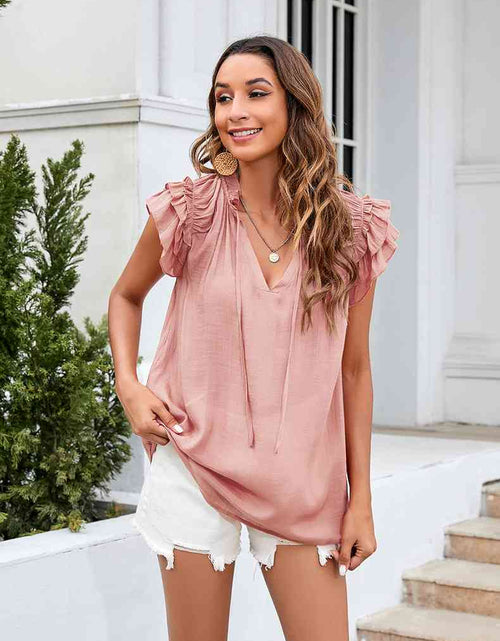 Load image into Gallery viewer, Tie Neck Ruffle Trim Blouse
