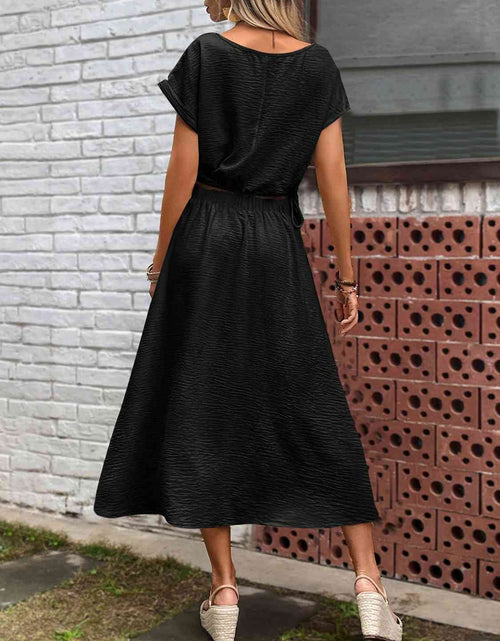 Load image into Gallery viewer, Drawstring Short Sleeve Top and Pleated Skirt Set
