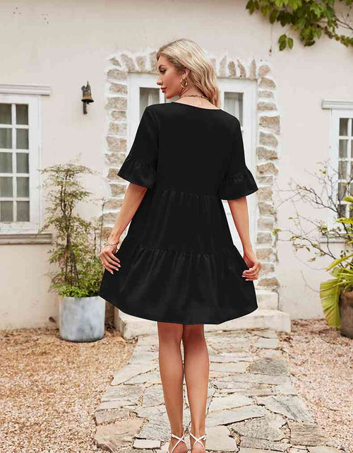 Load image into Gallery viewer, Ruffle Trim Tie Neck Flounce Sleeve Tiered Dress
