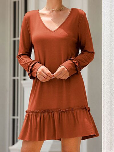 Load image into Gallery viewer, Frill V-Neck Long Sleeve Mini Dress
