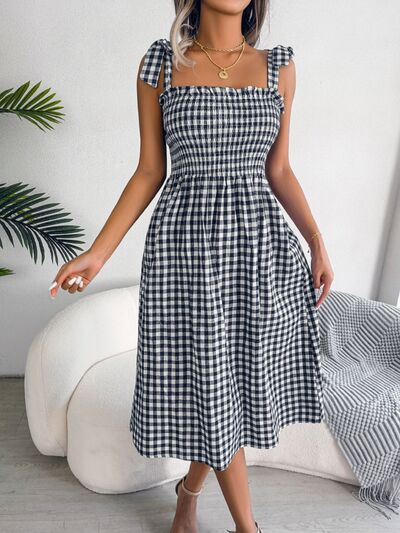 Load image into Gallery viewer, Frill Plaid Square Neck Midi Dress
