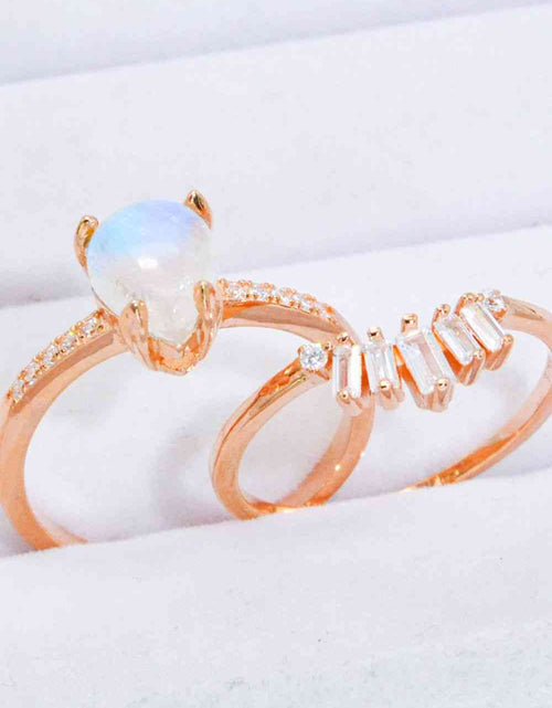 Load image into Gallery viewer, Natural Moonstone and Zircon 18K Rose Gold-Plated Two-Piece Ring Set
