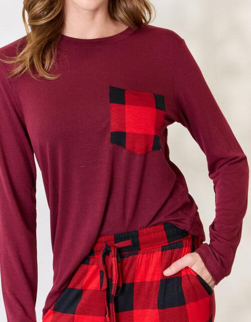 Load image into Gallery viewer, Zenana Full Size Plaid Round Neck Top and Pants Pajama Set
