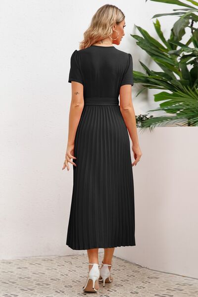 Load image into Gallery viewer, Pleated Surplice Short Sleeve Midi Dress
