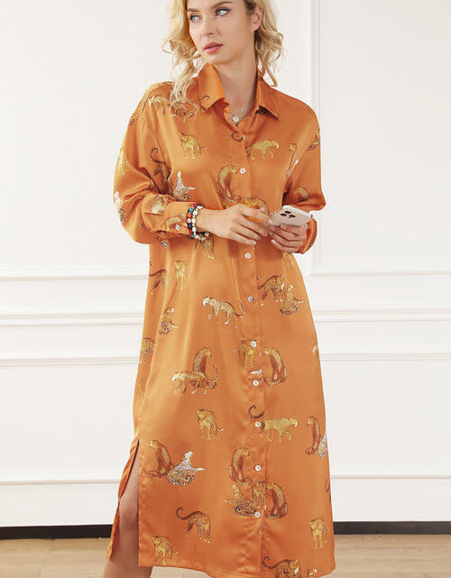 Load image into Gallery viewer, Animal Pattern Long Sleeve Slit Shirt Dress
