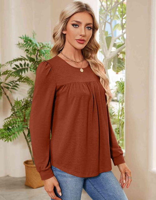 Load image into Gallery viewer, Ruched Round Neck Long Sleeve Blouse
