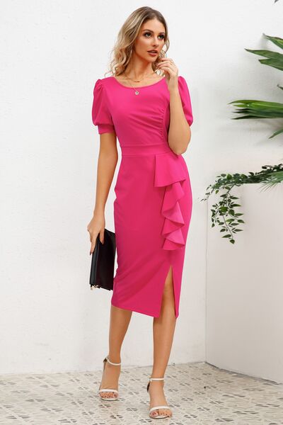 Load image into Gallery viewer, Slit Ruffled Puff Sleeve Midi Dress
