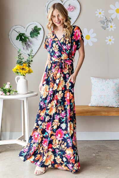 Load image into Gallery viewer, Heimish Full Size Floral Surplice Tie Waist Maxi Dress
