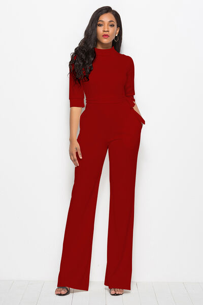 Load image into Gallery viewer, Mock Neck Tie-Waist Half Sleeve Jumpsuit
