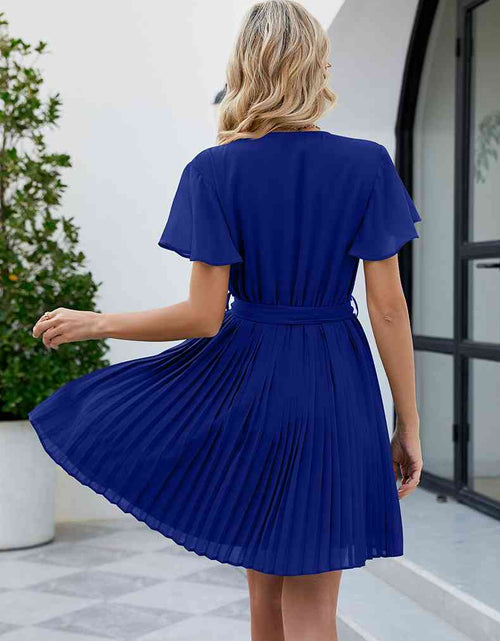 Load image into Gallery viewer, Surplice Neck Tie Waist Flutter Sleeve Pleated Dress
