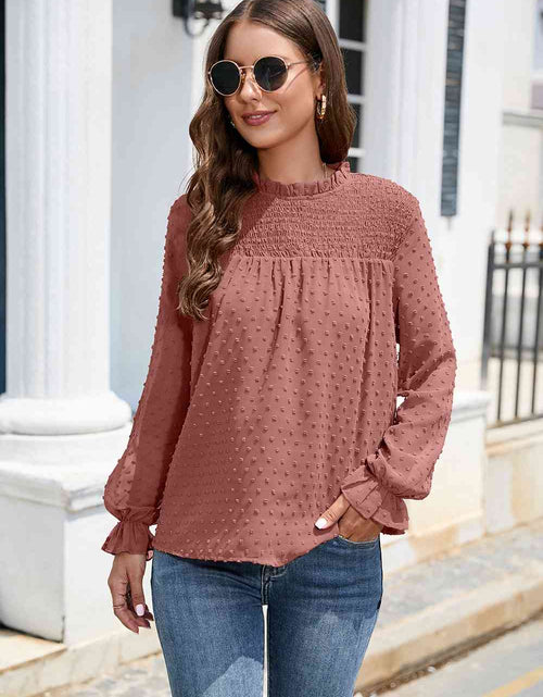 Load image into Gallery viewer, Smocked Mock Neck Swiss Dot Top
