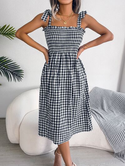 Load image into Gallery viewer, Frill Plaid Square Neck Midi Dress
