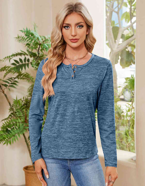 Load image into Gallery viewer, Buttoned Round Neck  Long Sleeve T-Shirt
