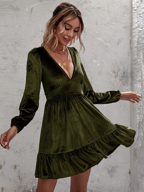 Load image into Gallery viewer, Plunge Long Sleeve Ruffle Hem Dress
