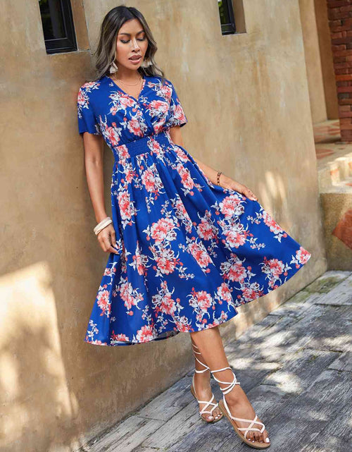 Load image into Gallery viewer, Elastic Waist V Neck Floral Print Midi Dress
