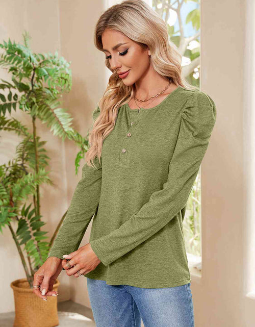 Load image into Gallery viewer, Buttoned Round Neck Puff Sleeve T-Shirt
