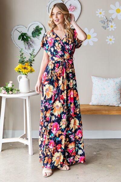 Load image into Gallery viewer, Heimish Full Size Floral Surplice Tie Waist Maxi Dress
