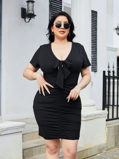 Load image into Gallery viewer, Plus Size Ruched Tied Short Sleeve Mini Dress
