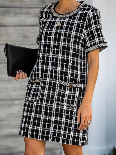 Load image into Gallery viewer, Pocketed Plaid Round Neck Short Sleeve Dress
