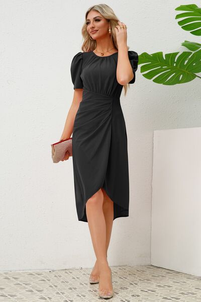 Load image into Gallery viewer, Slit Ruched Round Neck Puff Sleeve Dress
