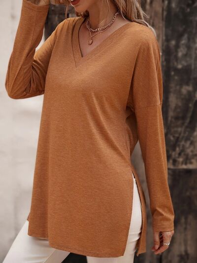 V-Neck Slit Long Sleeve T-Shirt