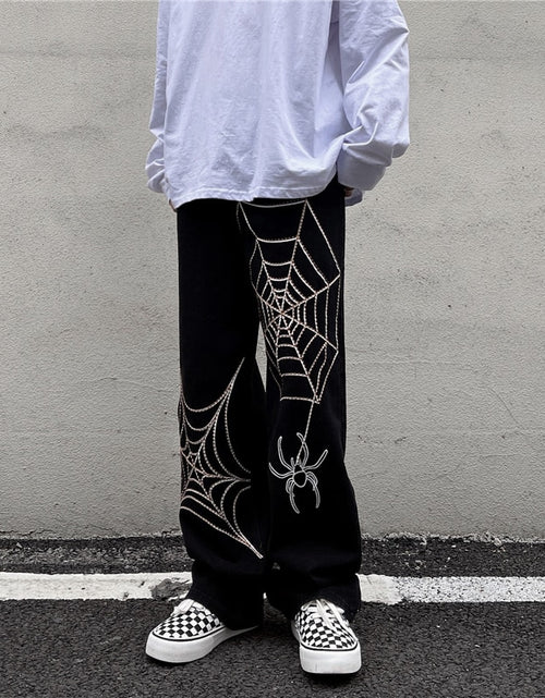 Load image into Gallery viewer, Men&#39;s Black Streetwear Spider Web Pants
