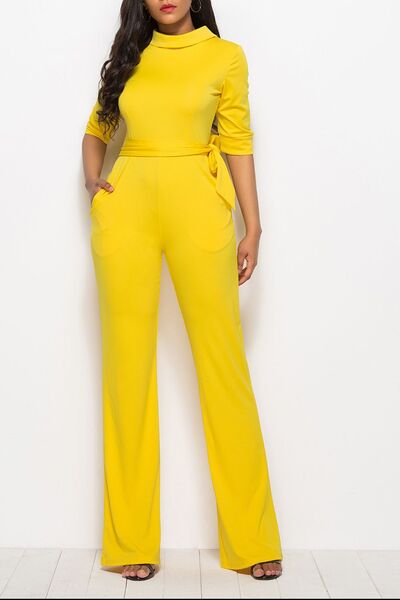 Load image into Gallery viewer, Mock Neck Tie-Waist Half Sleeve Jumpsuit
