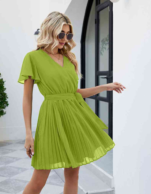 Load image into Gallery viewer, Surplice Neck Tie Waist Flutter Sleeve Pleated Dress
