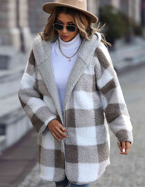 Load image into Gallery viewer, Plaid Open Front Hooded Coat
