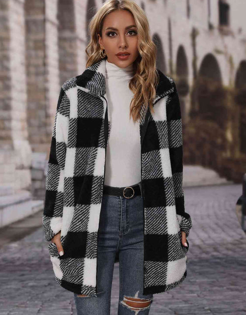 Load image into Gallery viewer, Plaid Collared Neck Coat with Pockets
