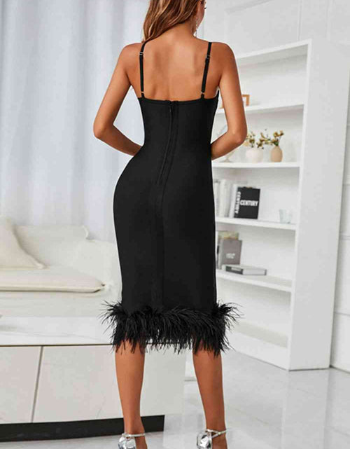 Load image into Gallery viewer, Spaghetti Strap Feather Trim Bodycon Dress
