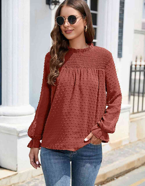 Load image into Gallery viewer, Smocked Mock Neck Swiss Dot Top
