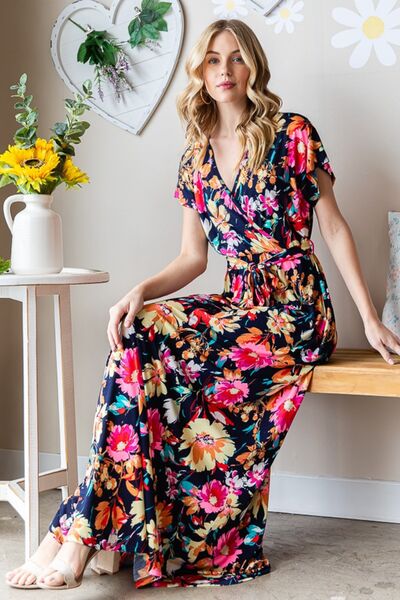 Load image into Gallery viewer, Heimish Full Size Floral Surplice Tie Waist Maxi Dress
