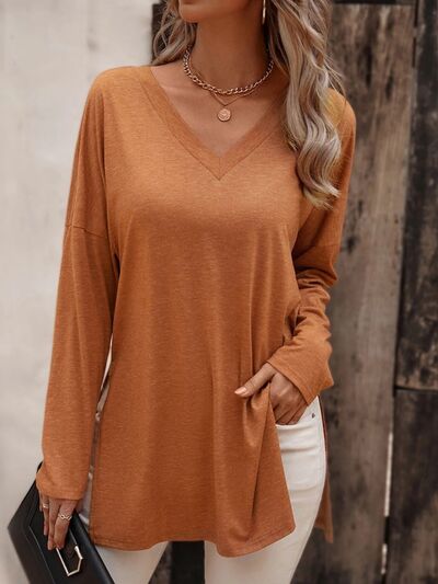 Load image into Gallery viewer, V-Neck Slit Long Sleeve T-Shirt
