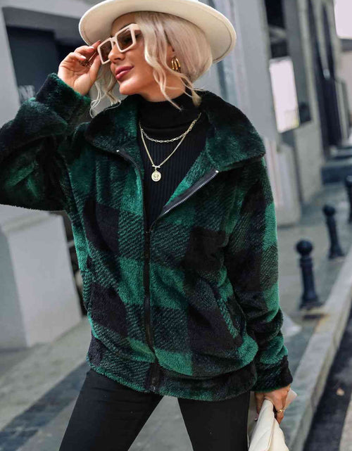 Load image into Gallery viewer, Plaid Zip-Up Collared Jacket
