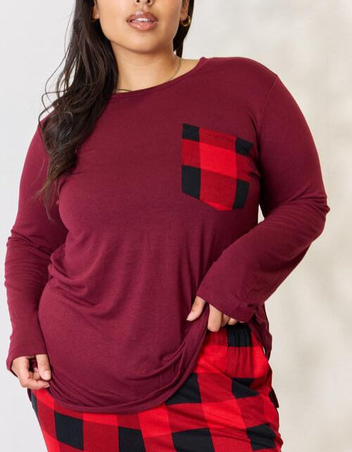 Load image into Gallery viewer, Zenana Full Size Plaid Round Neck Top and Pants Pajama Set
