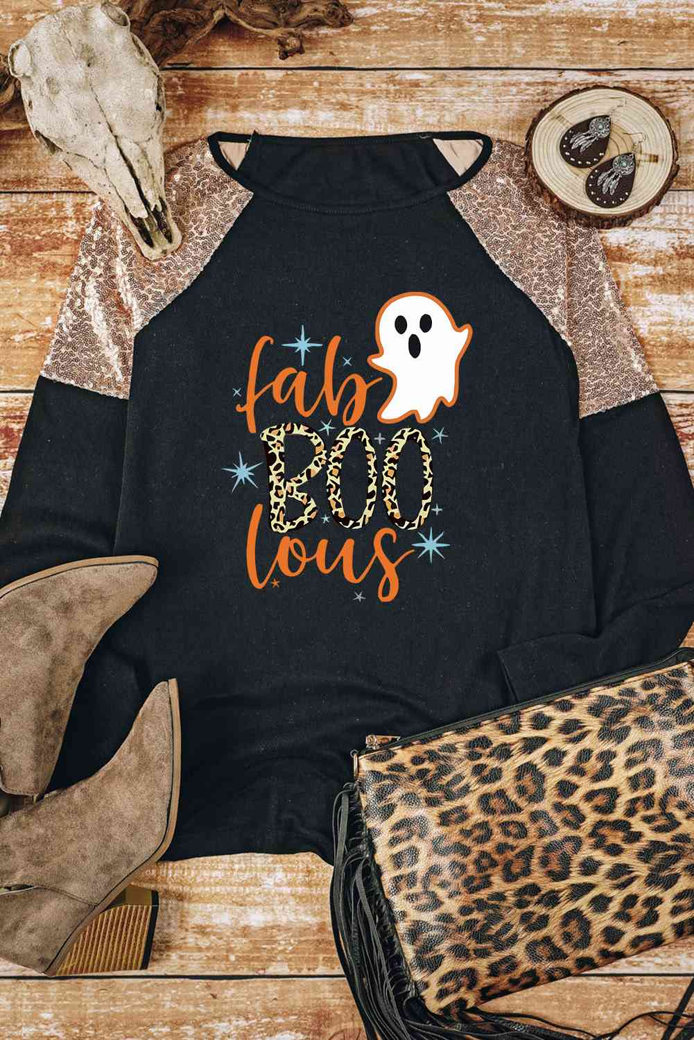 Ghost Graphic Sequin Long Sleeve T-Shirt