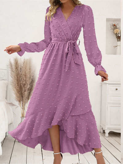 Load image into Gallery viewer, Swiss Dot Tie Waist Flounce Sleeve Dress
