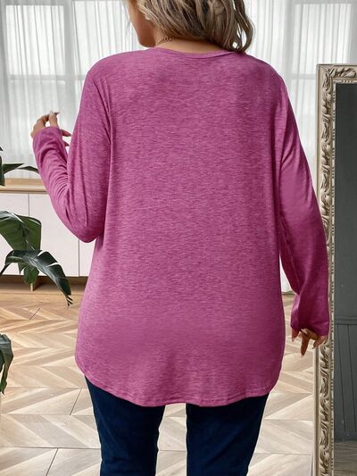 Plus Size Heathered V-Neck Decorative Button T-Shirt