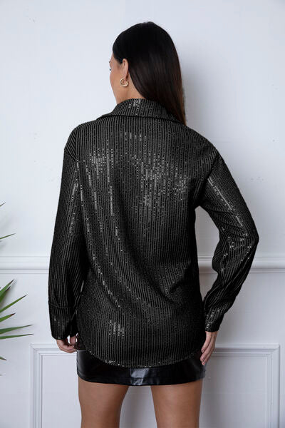 Load image into Gallery viewer, Sequin Collared Neck Long Sleeve Shirt
