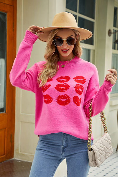 Load image into Gallery viewer, Contrast Lip Pattern Round Neck Slit Sweater
