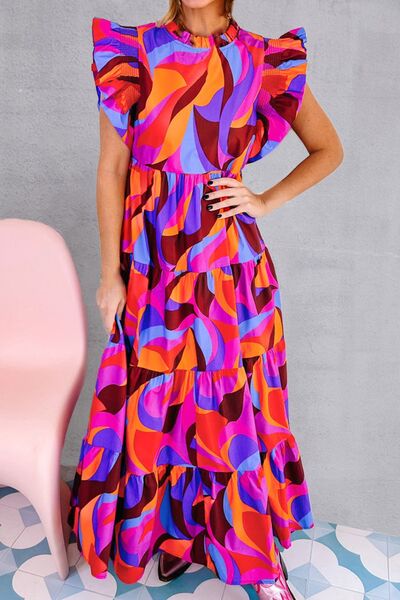 Load image into Gallery viewer, Printed Ruffled Mock Neck Tiered Dress
